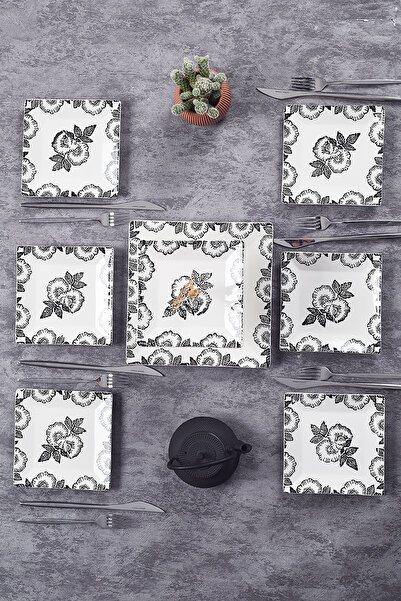 Piatti Naturali Black Rose Ceramic Catering Set: Duplay Plate & 6 Dessert Cake Plates