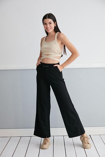 Serica Moda Black Belt Detailed Lycra Recovery Palazzo Trousers