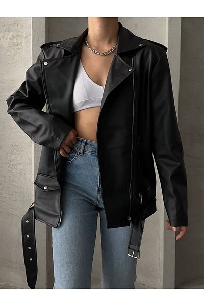 MEECY Übergroße Biker-Lederjacke für Damen