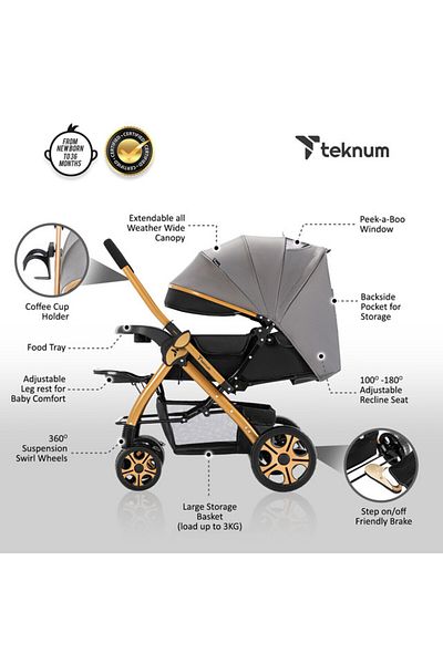TEKNUM عربة الأطفال تريب 2 ذات الوجهين من تيكنوم - رمادي