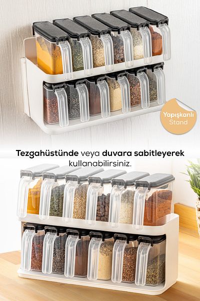 Vienev Set of 12 Self-Adhesive Spice Jars with Stand and Spoon and White Label