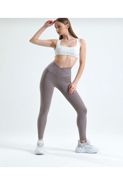 BKUzer Beli Çapraz Detaylı Yüksek Bel Ribana Tayt – Haki, Gri, Kahve, Vizon, ...