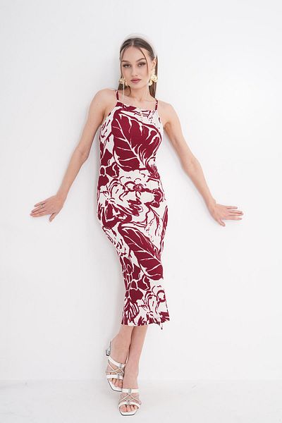ŞİMAL Rochie lungă cu bretele din frânghie cu model trandafiri de damă 250067   -