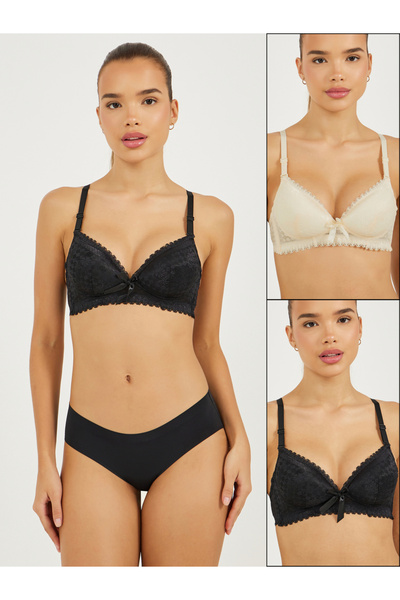 Styli Pack of 2 - Padded Wired Scalloped Edge Lace Bow Detail T-Shirt Bra