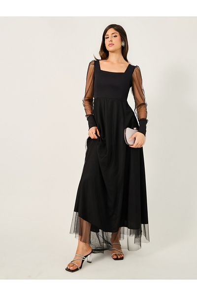 Styli Mesh Puff Sleeve Square Neck Maxi Dress