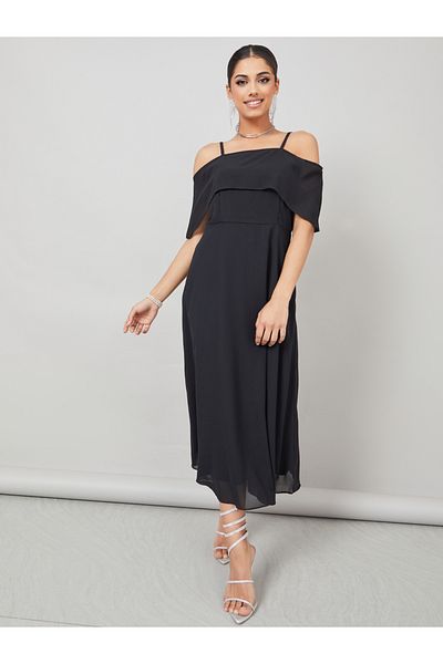Styli Cold Shoulder Sleeve A-Line Maxi Dress
