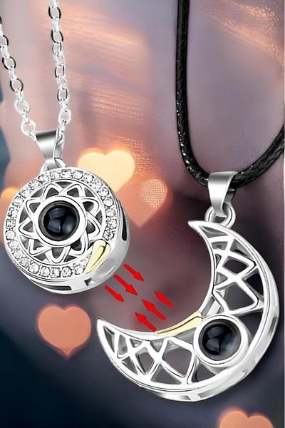 Trenderrs Dear Couple Necklace - Sun and Moon Themed, I Love You Projection in 100 Languages