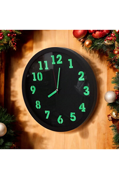 Bahat ساعة حائط سوداء مضيئة تتوهج في الظلام ليلاً قطر 30 سم بلاستيك