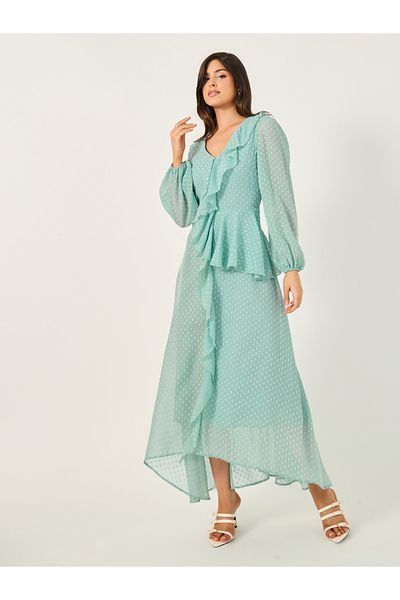 Styli Dobby Ruffle Detail A-Line Maxi Dress