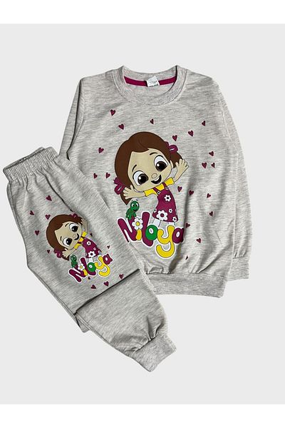 ALİŞ KİDS Girls' Cotton Stone Color Heart Flower Girl Print Long Sleeve Seasonal Pajamas Set