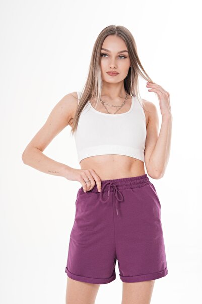 ŞİMAL Women's Rope Detailed Double Leg Combed Cotton Shorts 250059   -
