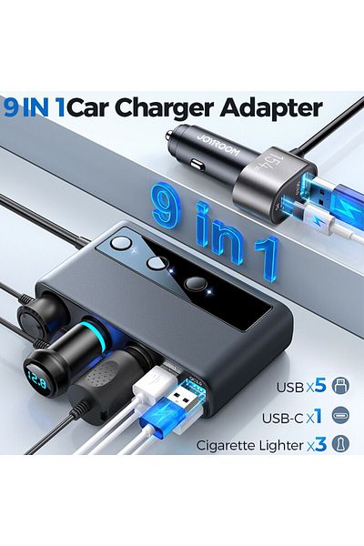 Choice Black Joyroom 154W Car Charger Adapter 9 in 1 PD 3 Socket Cigarette Lighter Splitter Charge Independ