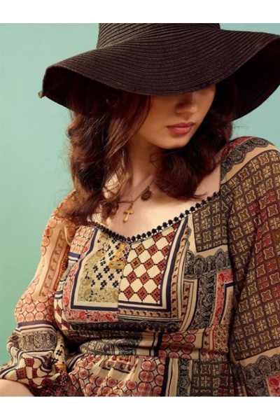 Kassually By Styli Patchwork Print 3/4 Sleeves Tiered Maxi Dress