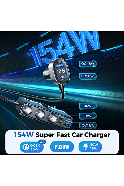 Choice Black Joyroom 154W Car Charger Adapter 9 in 1 PD 3 Socket Cigarette Lighter Splitter Charge Independ