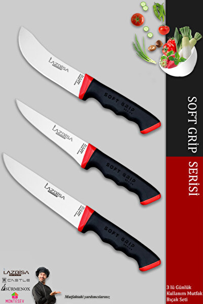 LAZBİSA Soft Grip Mutfak Bıçak Seti Et Ekmek Sebze Bıçağı 3 Lü Set Günlük Kul...