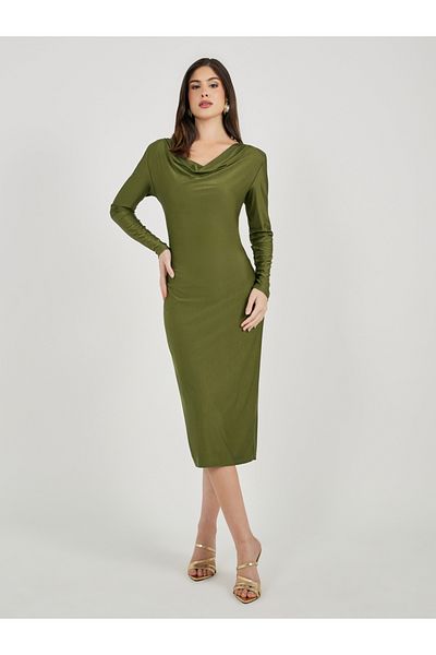 Styli Solid Cowl Neck Bodycon Midi Dress