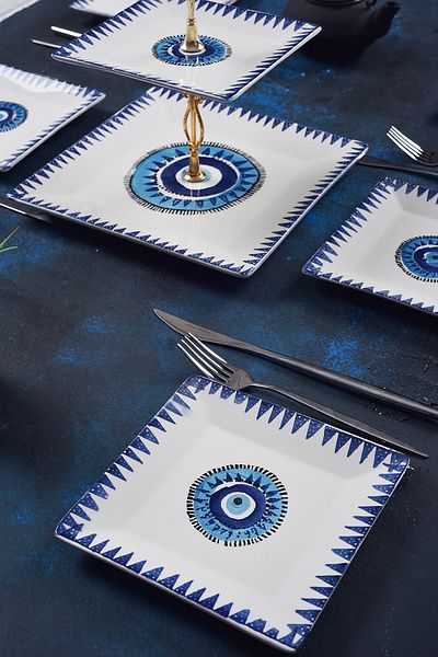 Piatti Naturali Catering Set Evil Eye Ceramic Double Layer Presentation Plate & 6-Piece Dessert Pastry Plate Cookie Tray Catering