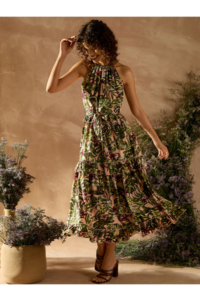 Kassually By Styli Tropical Print Ruffled Hem Midi Dress