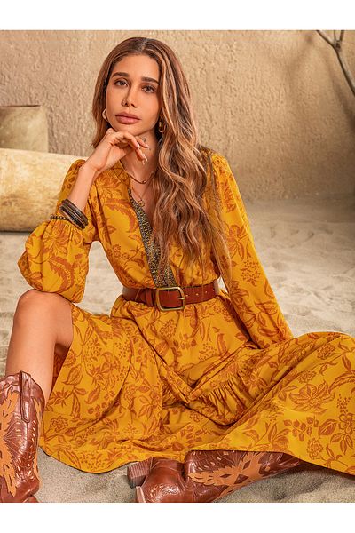 Russty Dustty By Styli Floral Print Cuffed Sleeve A-Line Maxi Dress