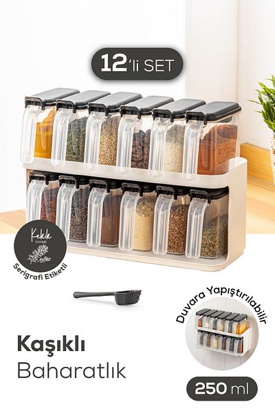 Vienev Set of 12 Self-Adhesive Spice Jars with Stand and Spoon and White Label