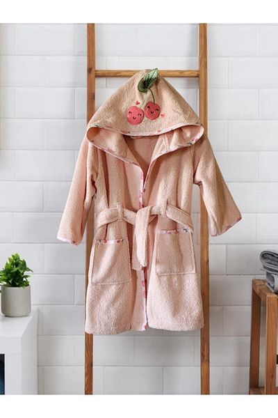 Alpar Tekstil Outlet 100% Cotton Soft Hooded Girl's Bathrobe Pink/Cherry