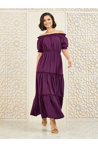 Styli Off Shoulder Ruffle Detail Tiered Maxi Dress