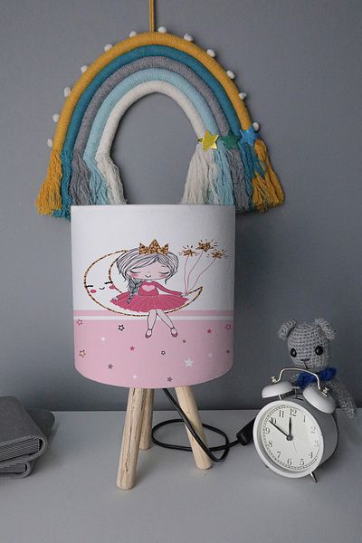 BelezaHome Pink and White Striped Moon Girl Decorative Children's Room Lampshade