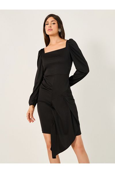 Styli Square Neck Asymmetric Hem Mini Dress with Gathered Detail