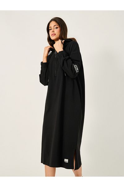 Styli Badge Detail Hooded Sweatshirt Midi Dress