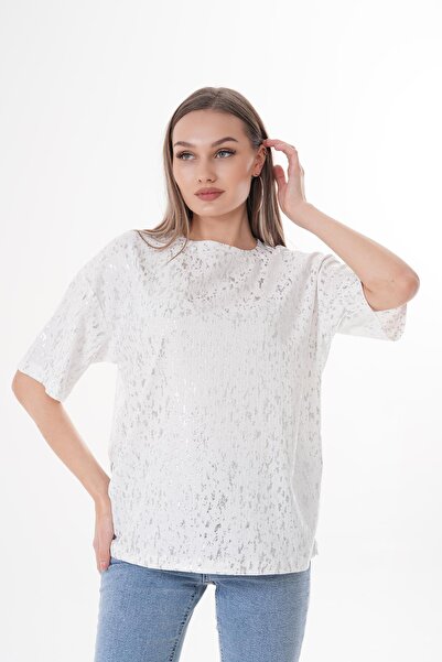 ŞİMAL Kadın Varak Baskı Detaylı Salaş Tişört 250045 -