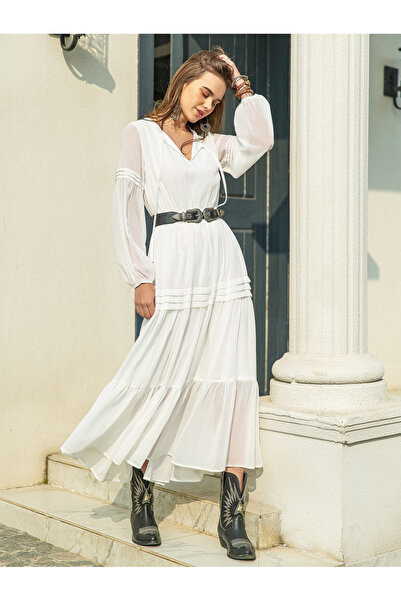 Russty Dustty By Styli Ruffled Hem A-Line Maxi Dress with Tie-Up Neck