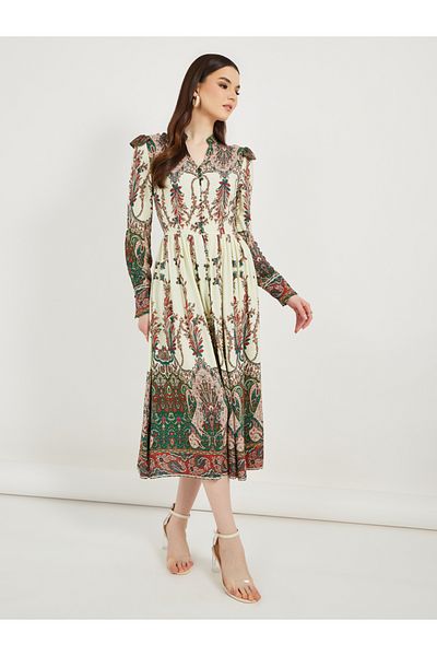 Styli Paisley Print Long Sleeve A-Line Midi Dress