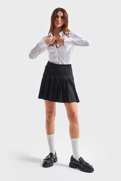 its basic Women's Black Color S5-1 Belt Detailed Pleated Mini Fabric Skirt