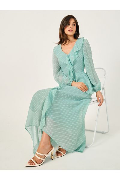 Styli Dobby Ruffle Detail A-Line Maxi Dress