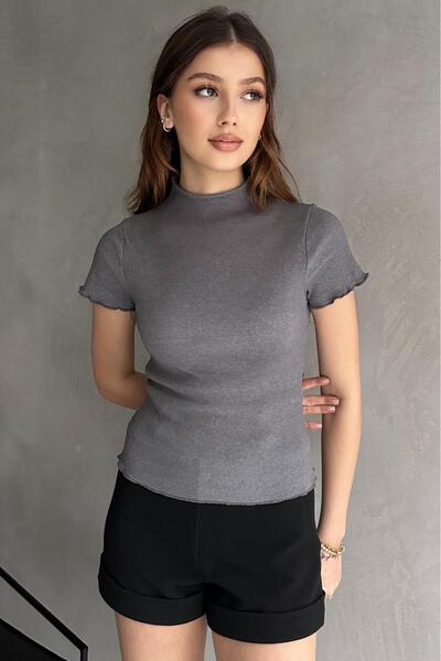 Genel Markalar Yüksek Yaka Kaşkorse Tshirt Gri