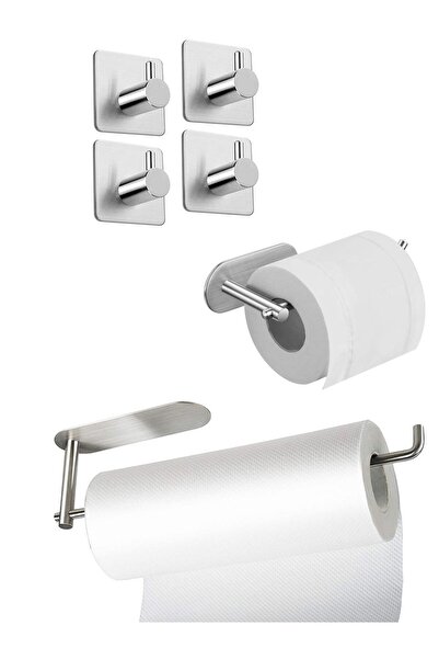 DELTAHOME Paslanmaz Çelik Yapışkanlı Kağıt Havluluk - Tuvalet Kağıtlığı - 4 Adet Askılık SET INOX