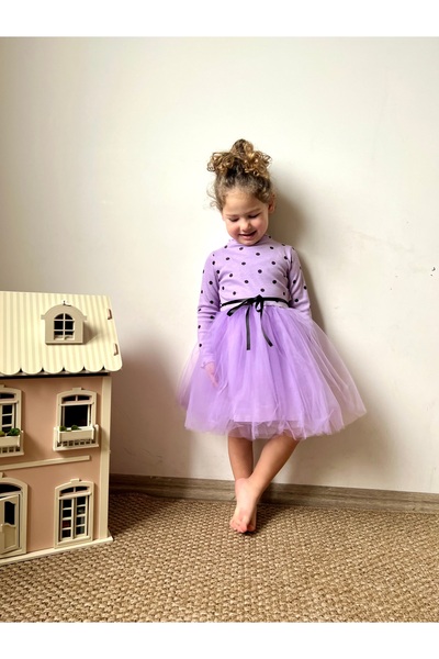 penu baby kids Lila Puantiye Detaylı Uzun Kol Kız Bebek Elbise