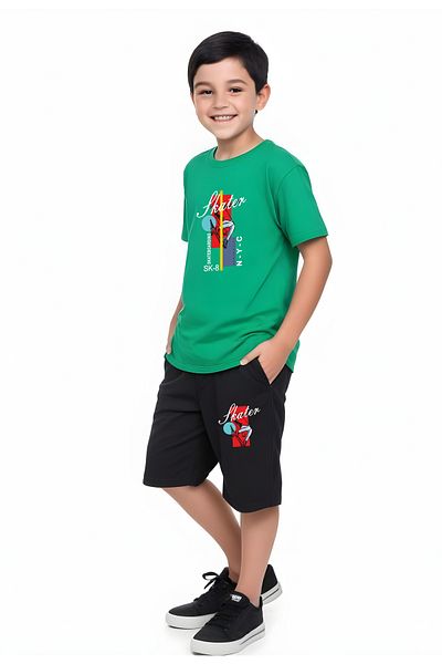 YA KO KİDS Skater Printed Boy's Double Pocket Capri Bottom-Top Suit