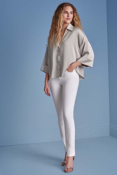 Guitar Düşük Kol Bej Saten Gömlek