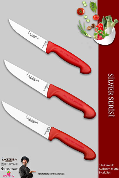 LAZBİSA Silver Serisi Mutfak Bıçak Seti Et Ekmek Sebze Bıçağı 3 Lü Set Günlük...