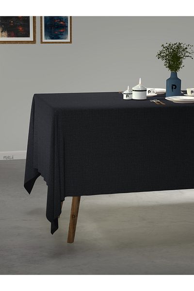 Perle Black Color Linen Textured Tablecloth