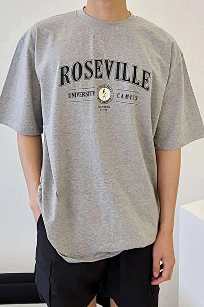 HOFFNUNG تي شيرت روزفيل رمادي كبير الحجم مطبوع للرجال