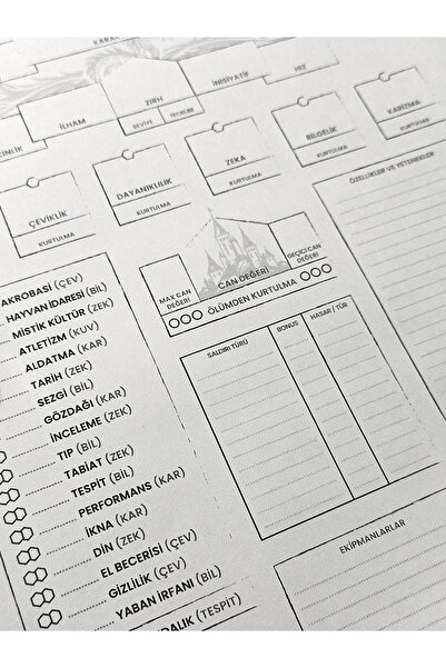 DiceLand Dungeons and Dragons DND 5e Özel Tasarım Minimal Türkçe Karakter Kağ...