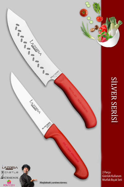 LAZBİSA Gold Serisi Mutfak Bıçak Seti Et Ekmek Sebze Şef Bıçağı Kanallı 2 Li Set (MFT-865)