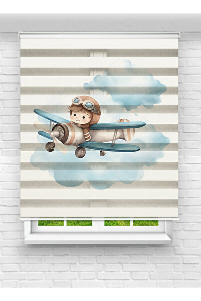 Mas Erkek Çocuk Odası Sevimli Pilot Temalı Desenli Baskılı Zebra Perde