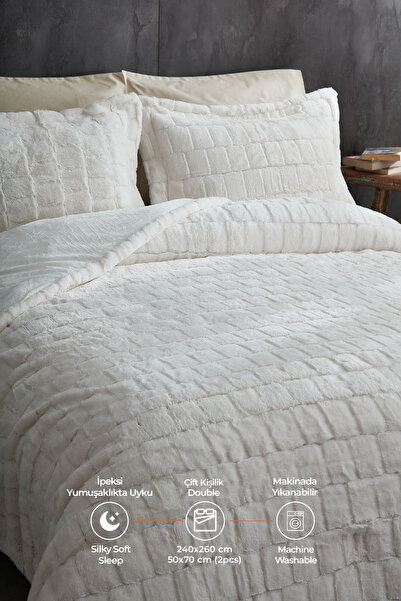 Evlen Home Collection Çift (Taraflı) Kişilik Kürk Yorgan Uyku Seti Yumuşak Dolgulu Wellsoft Peluş 3 Parça Benita Krem