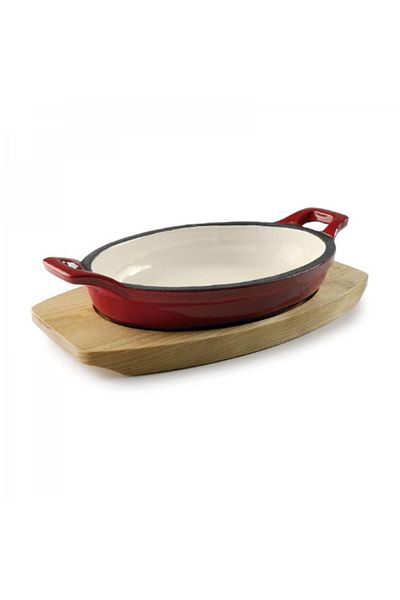 Lacor Oval red cast iron pot with wooden stand, Magma Red, 250 ml