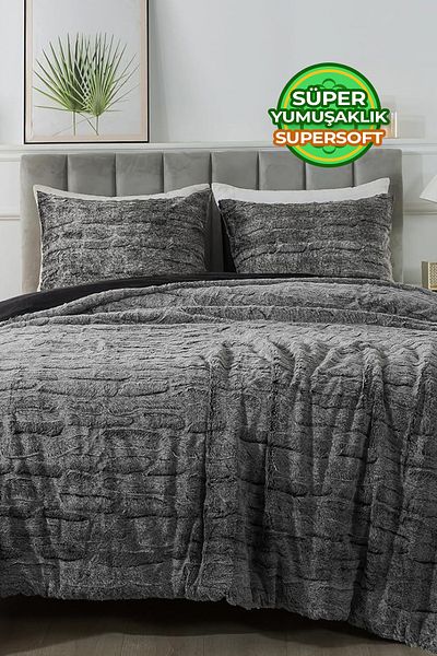 Evlen Home Collection Double Plush Soft Filled Bedspread - Talya Fur Comforter 3 Piece Set Anthracite