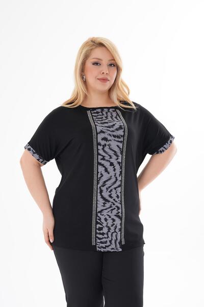 Siyezen Plus Size Stone Printed Bat Sleeve Blouse