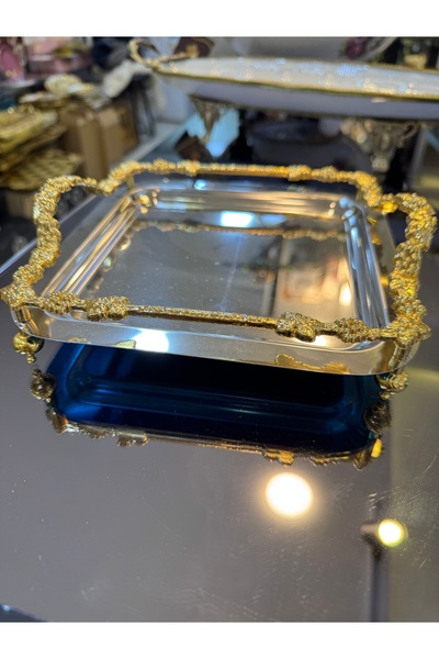 hediye ESTERHOMEDECOR Gümüş renk gold kenarlı metal sunum tepsisi 22cm